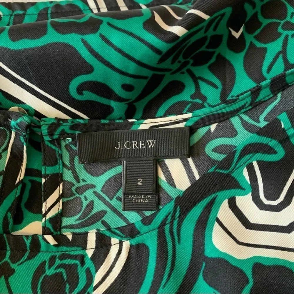 J. Crew Womens Blouse Shirt Green 3/4 Sleeve Retro Floral Popover Size 2